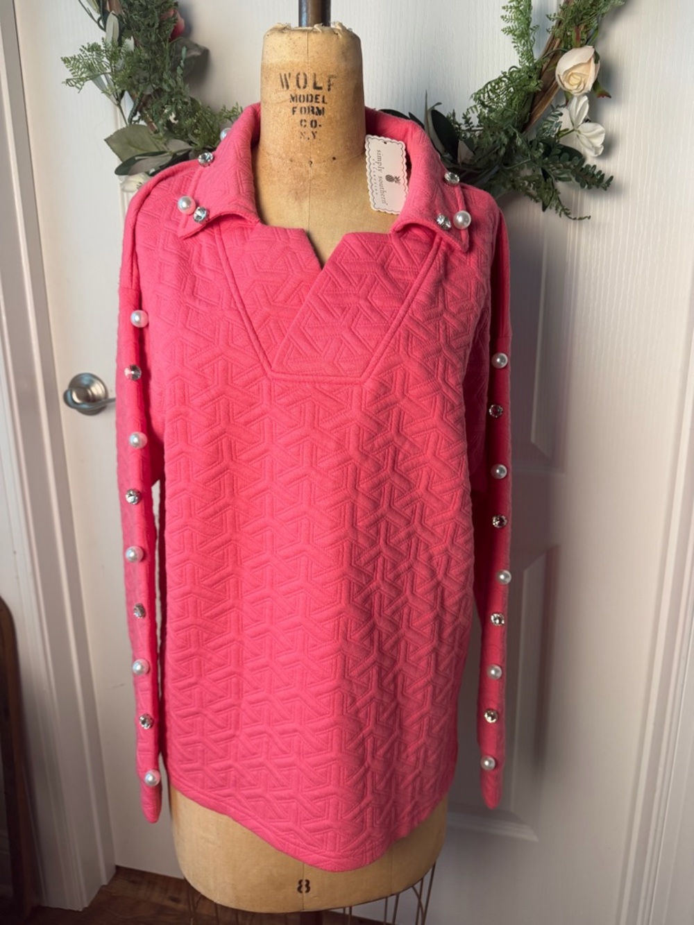Simply Southern Collection Quilted Pullover NWT Pink Pearl Studded Sweatshirt M